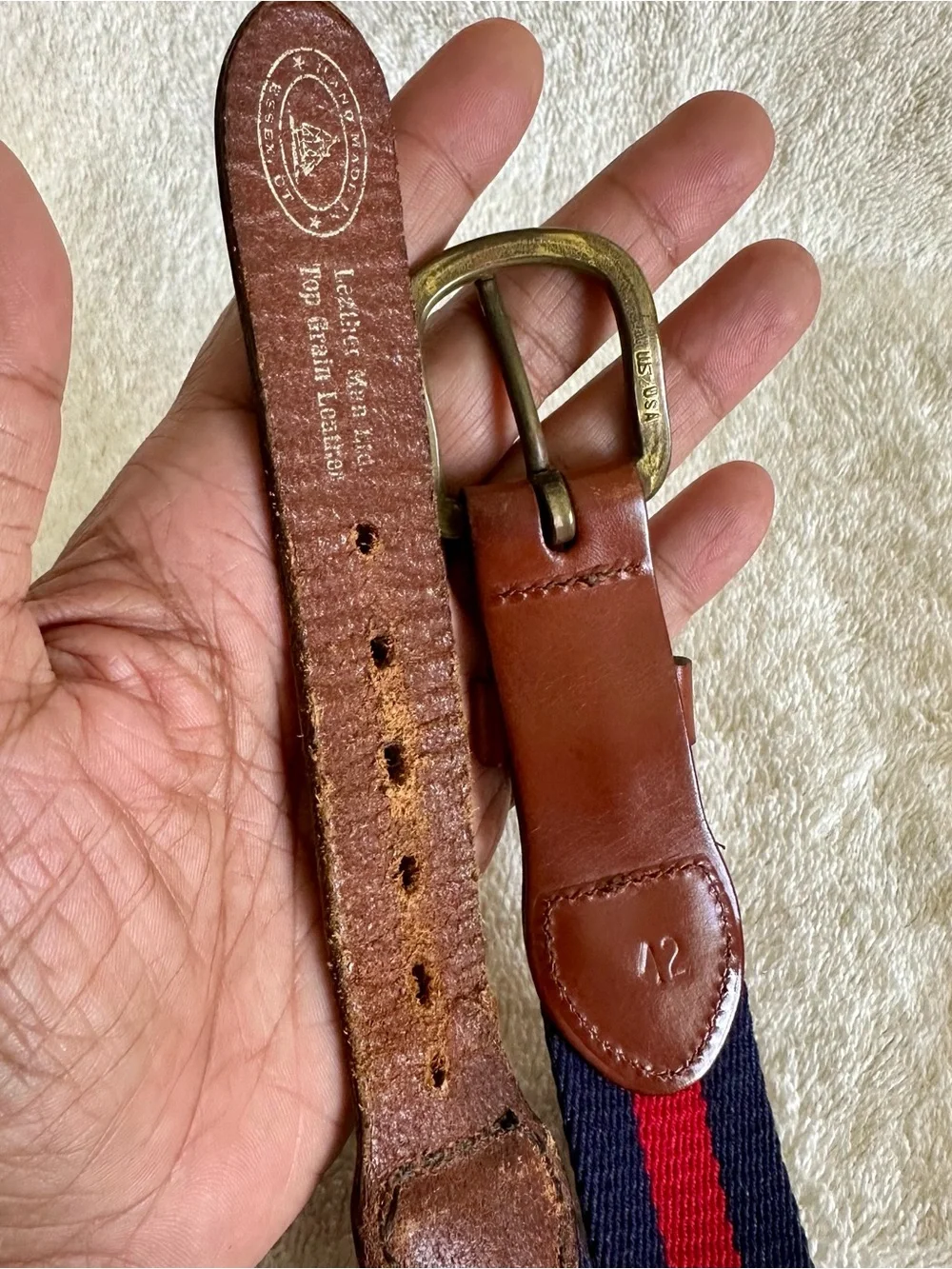 Vintage Leather Man Ltd Navy Red Stripe Canvas Leather Belt Solid Brass Sz 42
